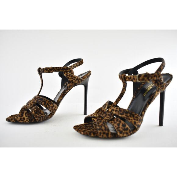 Saint Laurent YSL Tribute Black Brown Leopard Pony T Strap Sandal Heel Pump 39.5 - Picture 9 of 12